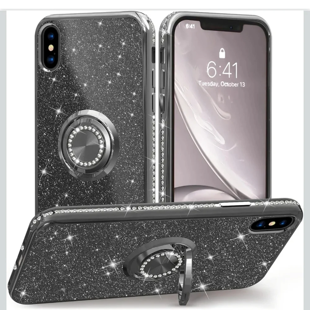 iPhone X 5.8 Black Glitter Phone‎ Case Ring Holder Stand Waterproof Camera New